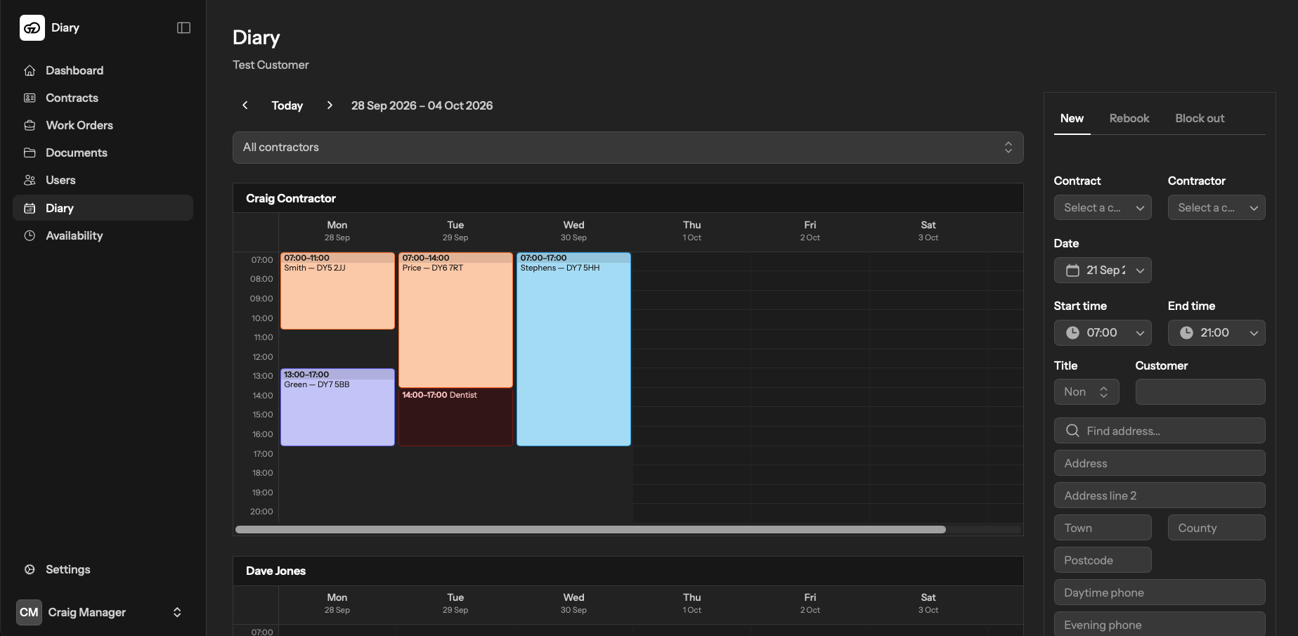 The Diary scheduling board in dark mode, showing each contractor's week with booked jobs and a form to book new work