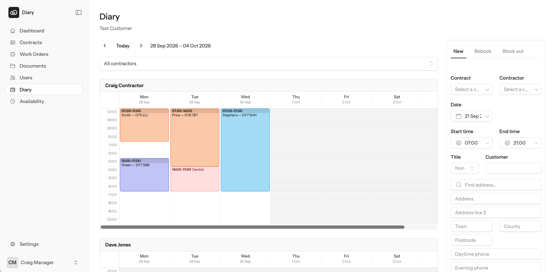 The Diary scheduling board in light mode, showing each contractor's week with booked jobs and a form to book new work